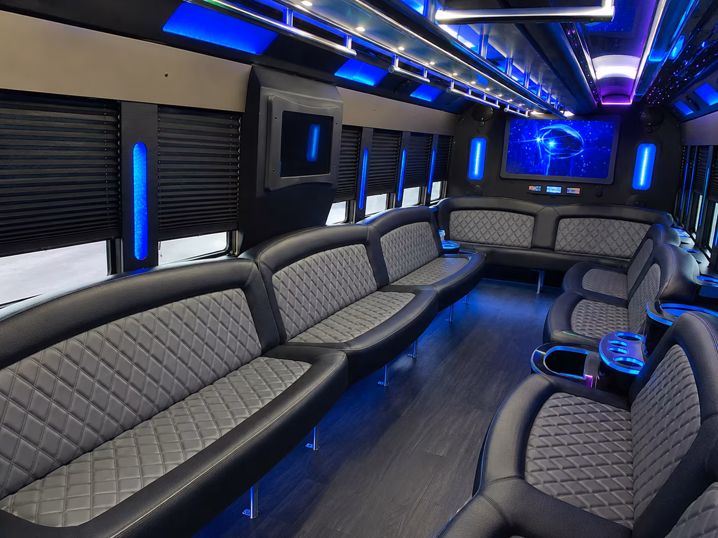 Wedding guests seated inside a party bus serving San Francisco