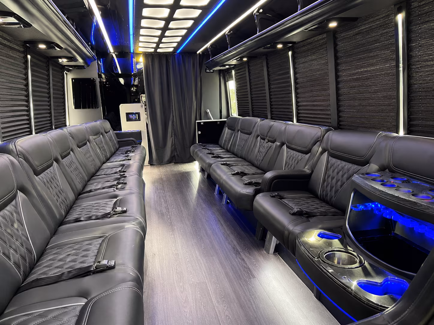 Passenger seating aboard a party bus rental serving San Francisco